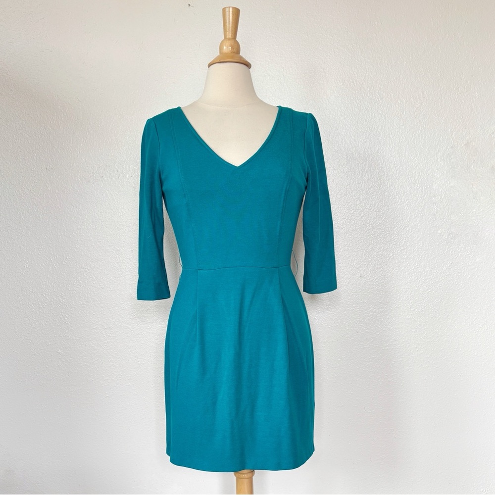 Solid 3/4 Sleeve Teal Fitted Dress